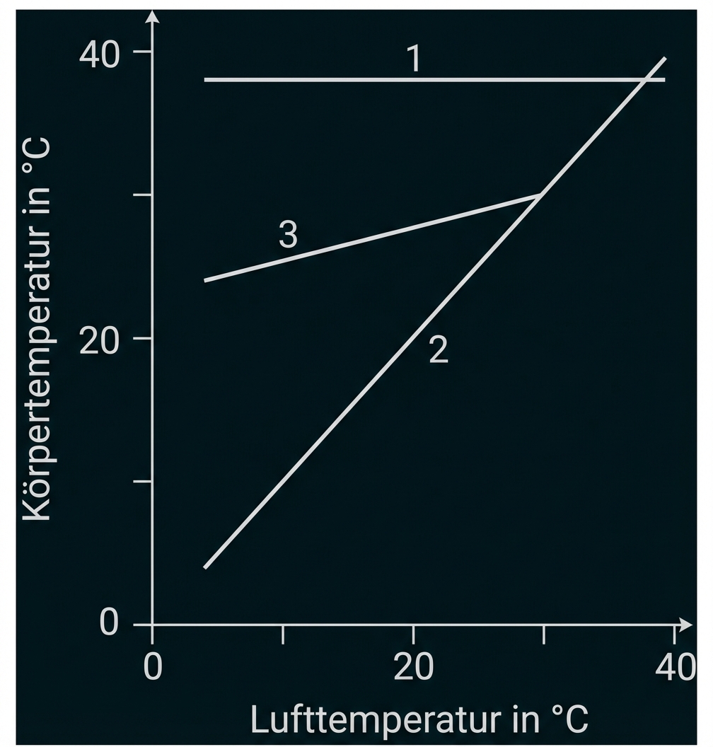 Diagramm mit Luft- und Körpertemperaturachsen (0–40 °C) und drei Linien beschriftet 1, 2 und 3